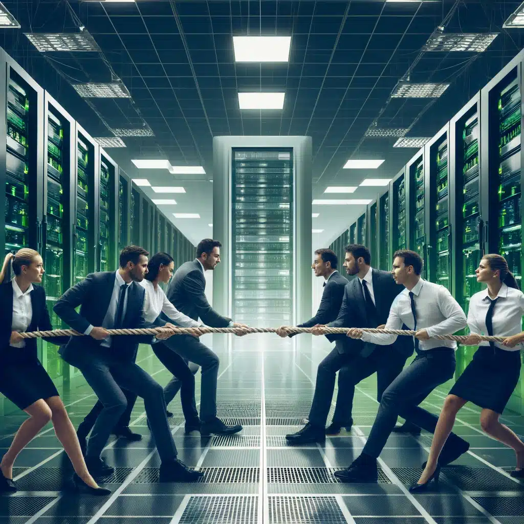 DALL·E 2024 08 15 09.44.55 An image depicting a group of business men and women playing tug o war in a modern data center. The setting includes server racks and high tech equipm