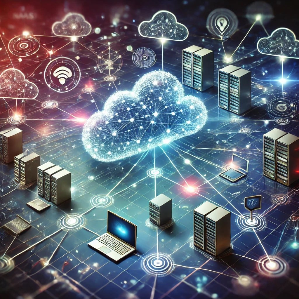 DALL·E 2024 09 23 08.46.22 A modern digital concept representing 'Network as a Service' (NaaS). The image should depict a cloud network infrastructure with glowing lines connect