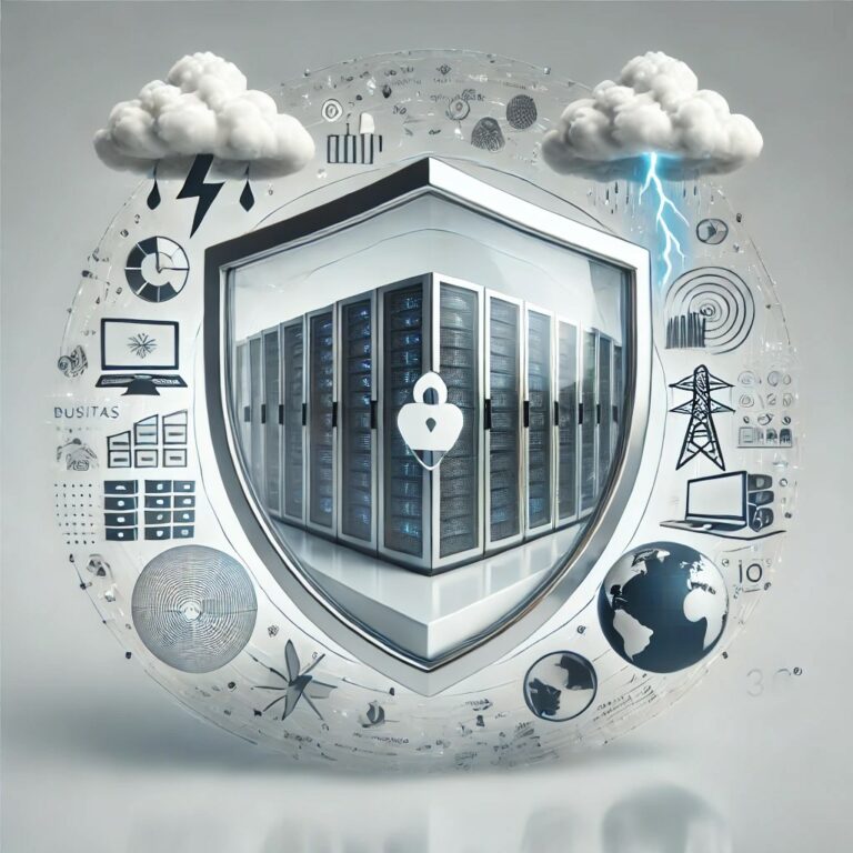 DALL·E 2024 09 30 05.46.22 A clean and modern image illustrating business data protection. In the center, a data center or server is encased in a transparent protective shield.