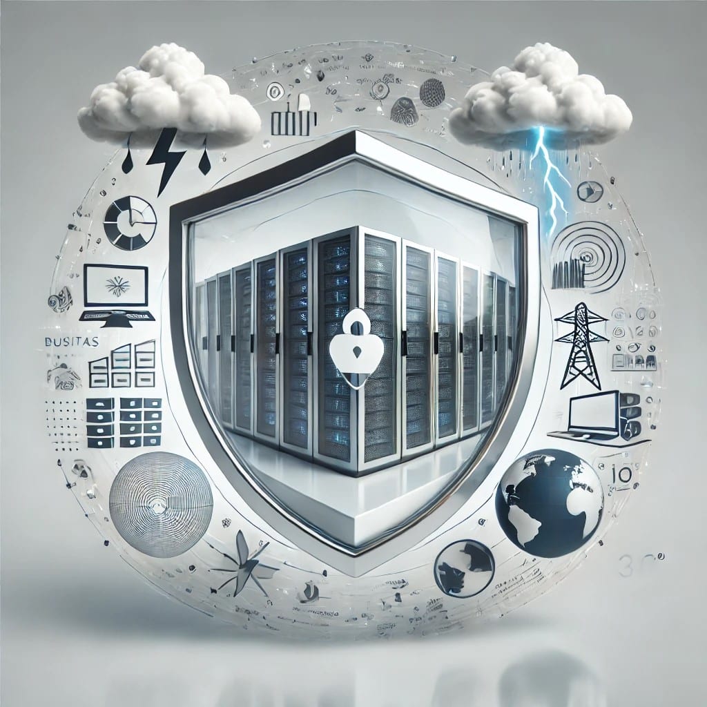 DALL·E 2024 09 30 05.46.22 A clean and modern image illustrating business data protection. In the center, a data center or server is encased in a transparent protective shield.