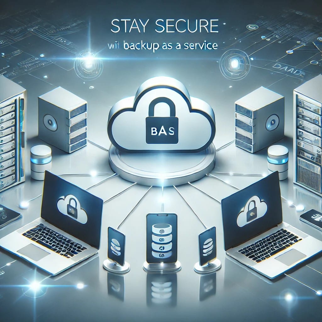 DALL·E 2024 10 14 10.54.52 A modern and sleek image for a social media post promoting Backup as a Service (BaaS). The image features a secure cloud storage icon surrounded by in