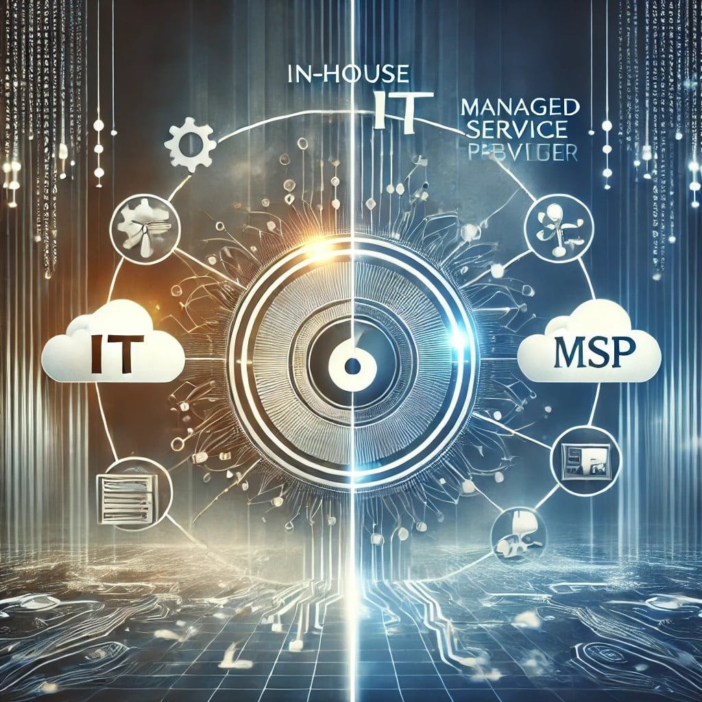 DALL·E 2024 10 16 11.40.32 A sleek, modern image showing a concept of balance between in house IT and managed service provider (MSP) partnerships. Visual elements include a glow