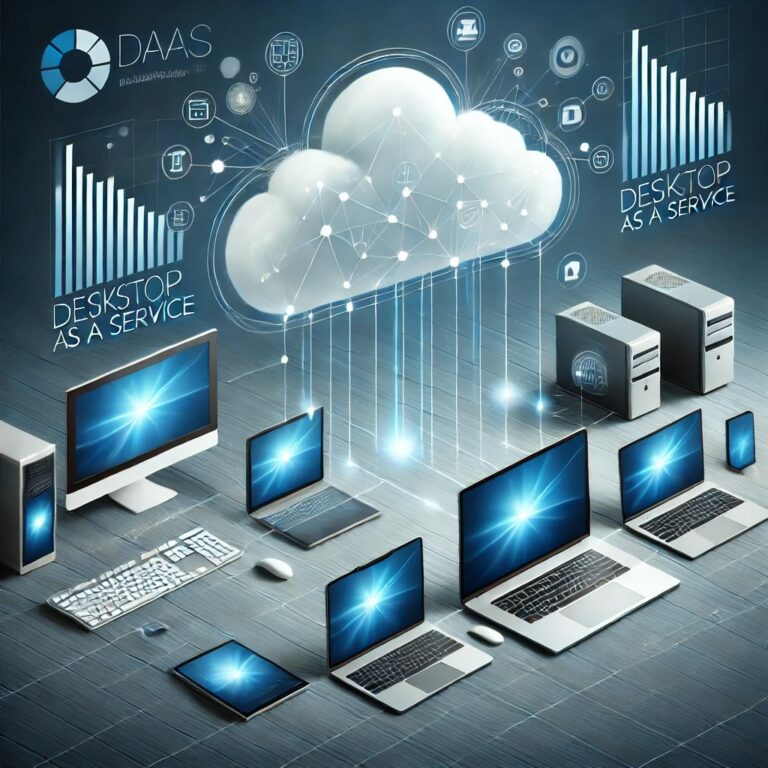 DALL·E 2024 10 22 09.15.06 A sleek and modern graphic showing a digital cloud connected to various desktops, laptops, and mobile devices. Highlight a seamless flow of data betwe