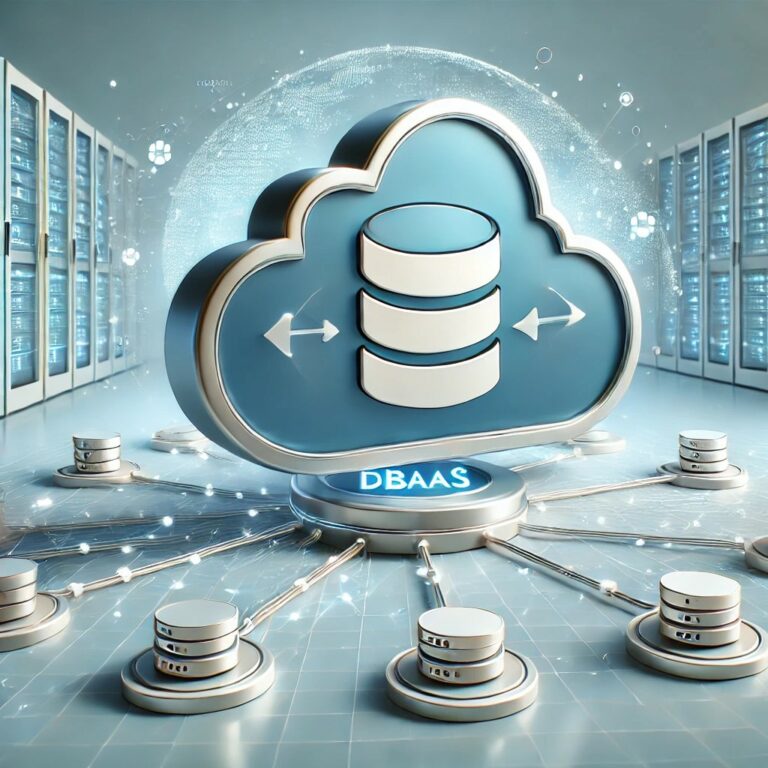 DALL·E 2024 11 12 11.17.32 A modern, clean 3D illustration of Database as a Service (DBaaS) concept. The image features a cloud with a digital database symbol inside it, surroun